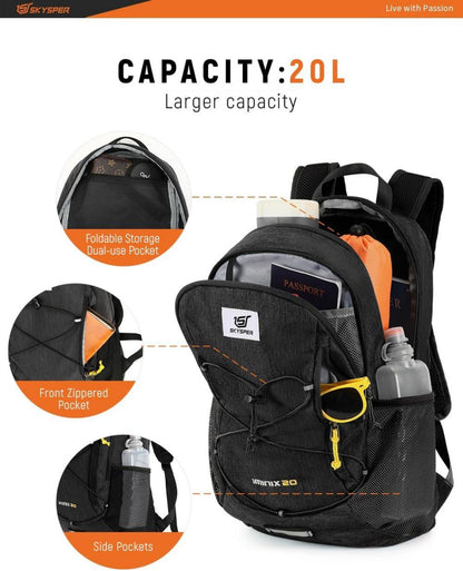SKYSPER 20L Faltbarer Ultraleichter Wanderrucksack Schwarz