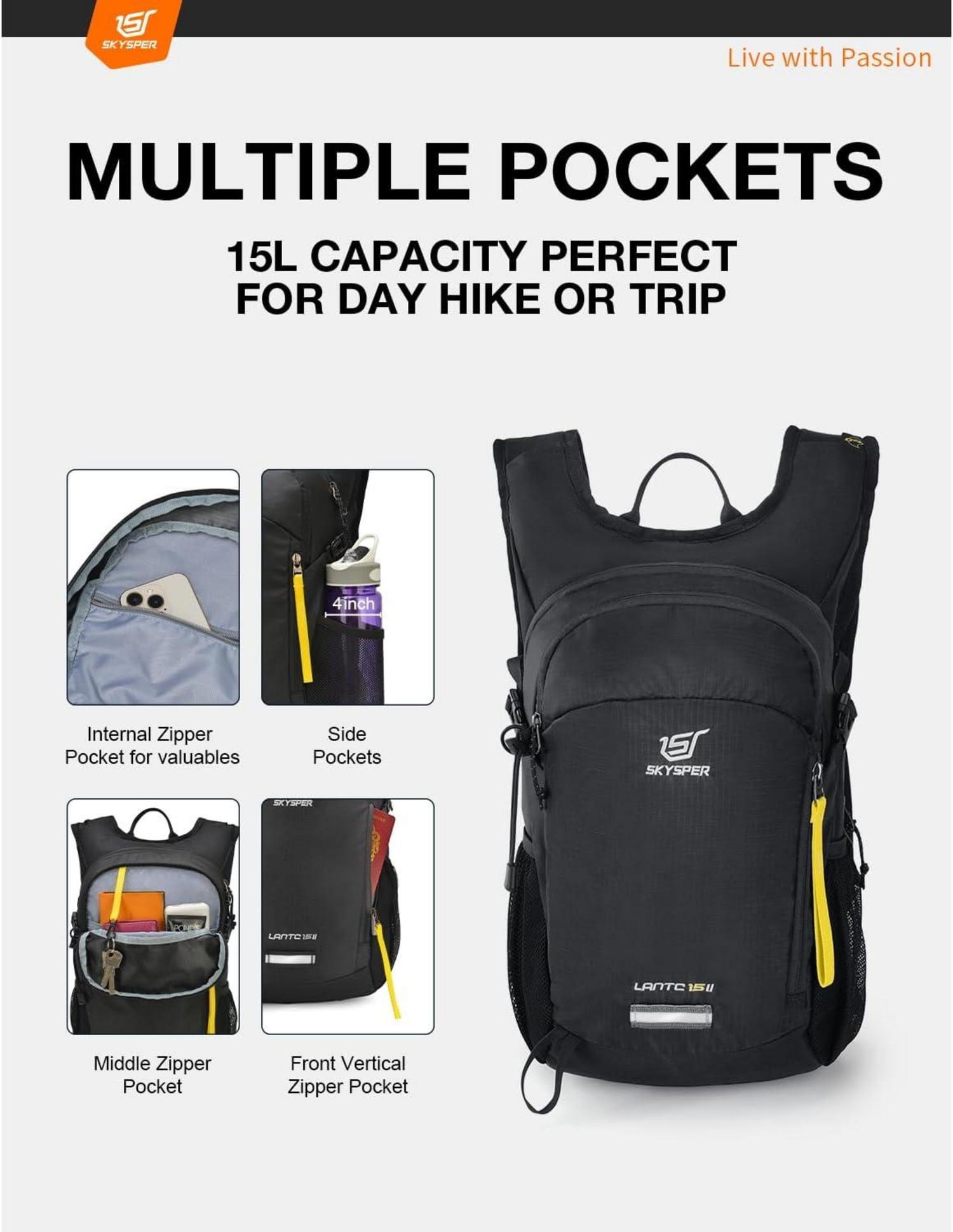 SKYSPER Herren Wanderrucksack Trekkingrucksack Tagesrucksack 15L Schwarz