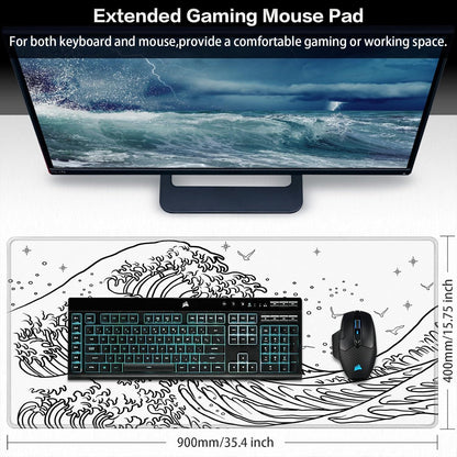 Abetcabe Gaming Mauspad XXL Japanische Meereswelle Weiß 900x400mm