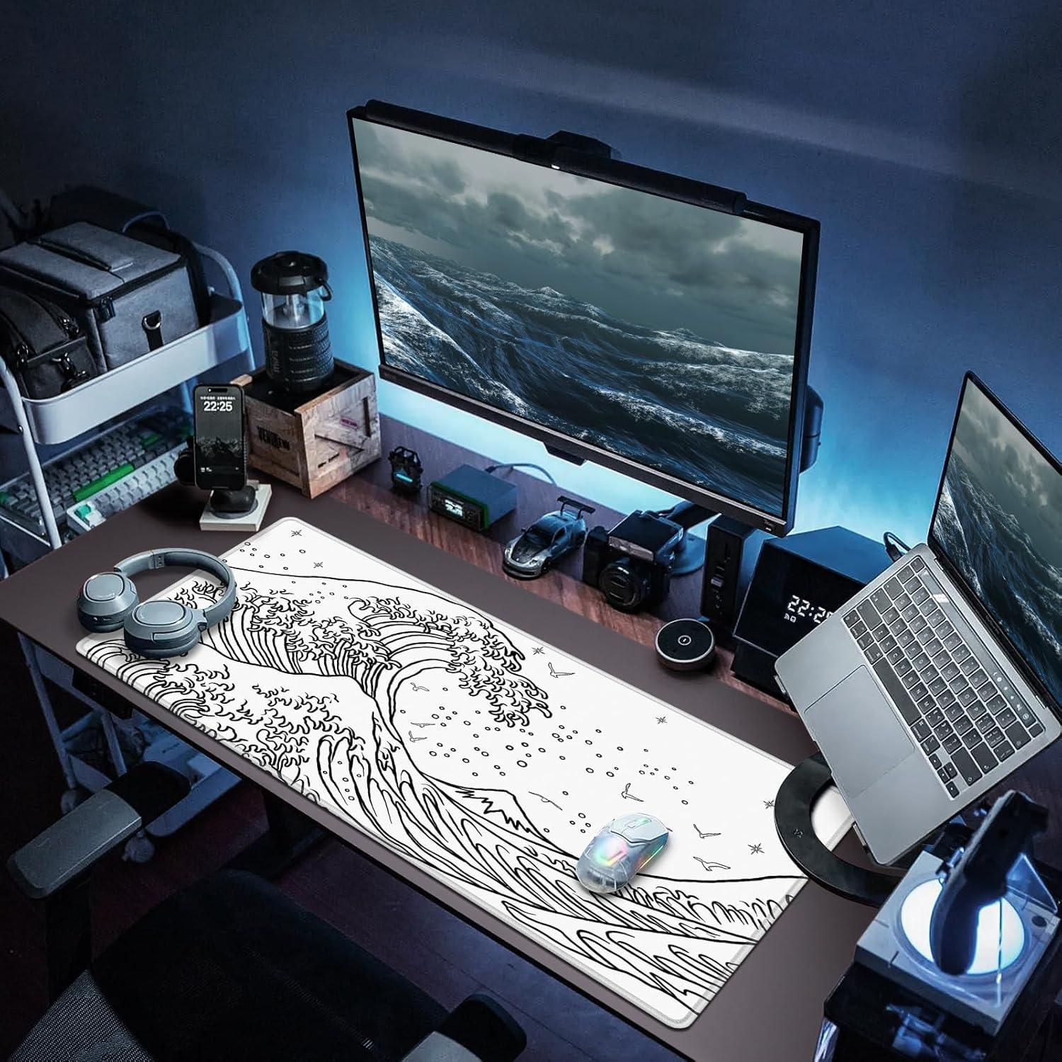 Abetcabe Gaming Mauspad XXL Japanische Meereswelle Weiß 900x400mm