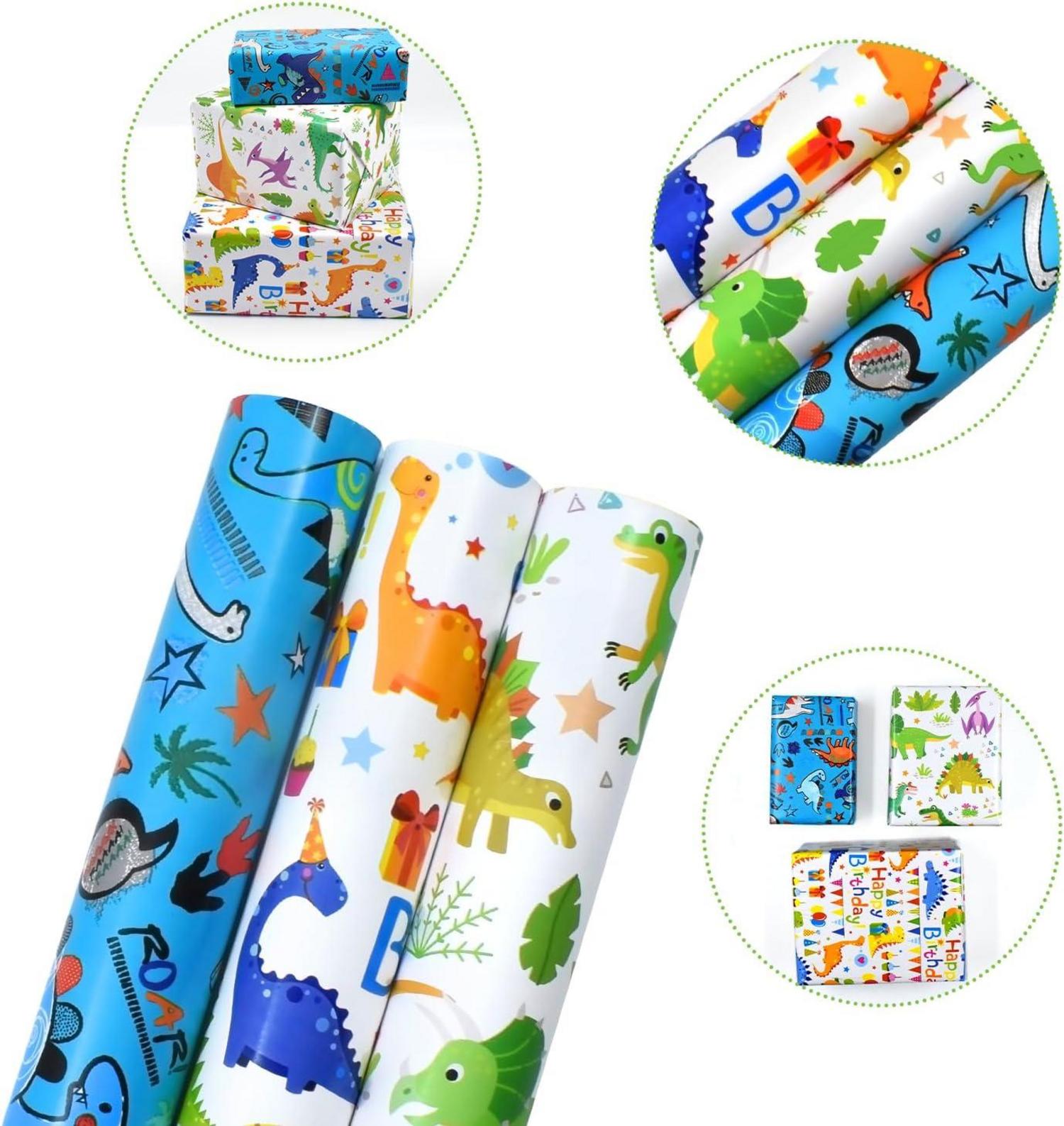 Dinosaurier Geschenkpapier 3 Rollen 43x3m Happy Birthday wiederverwendbar