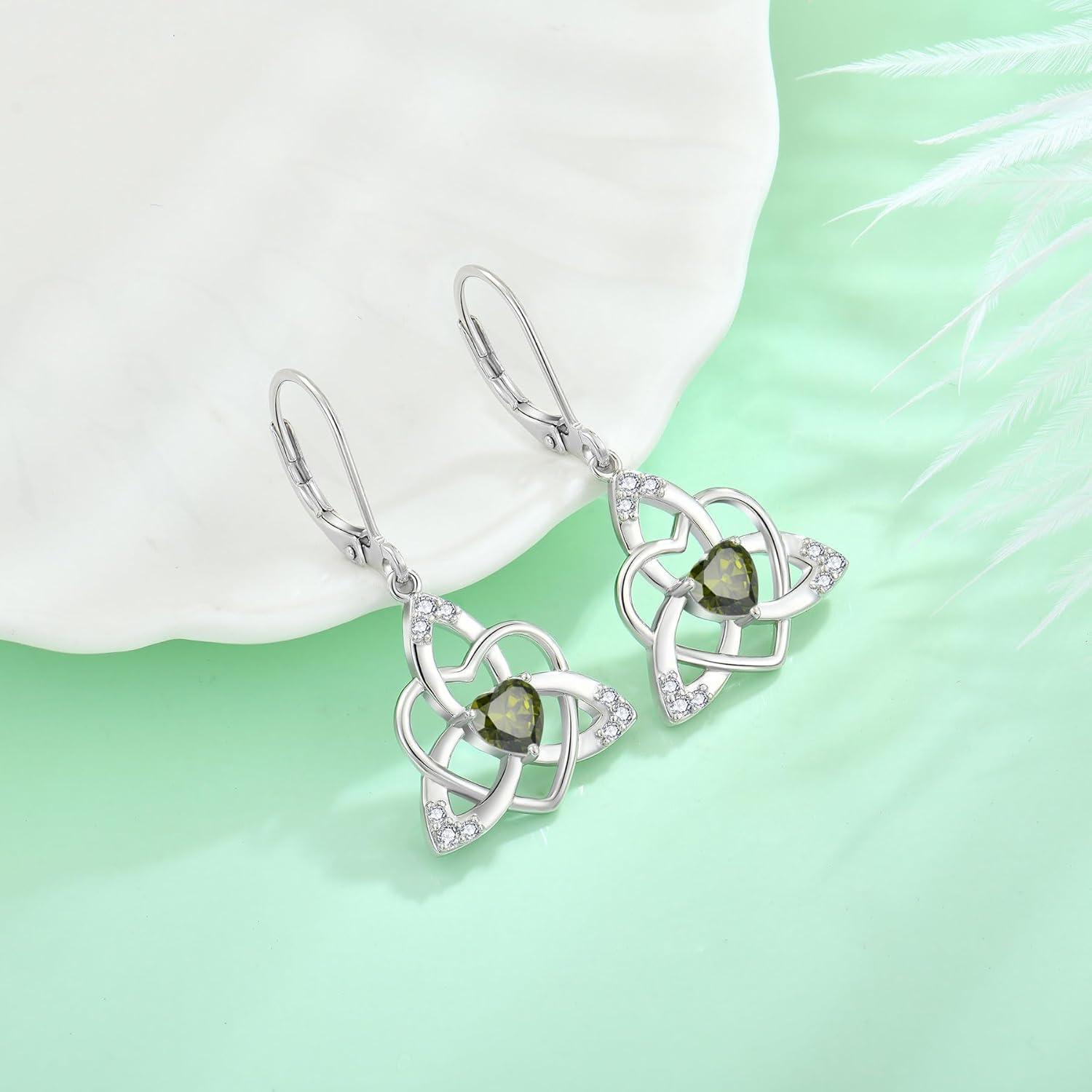 Keltischer Knoten Herz Peridot Augustfrauen 925 Silber Ohrringe