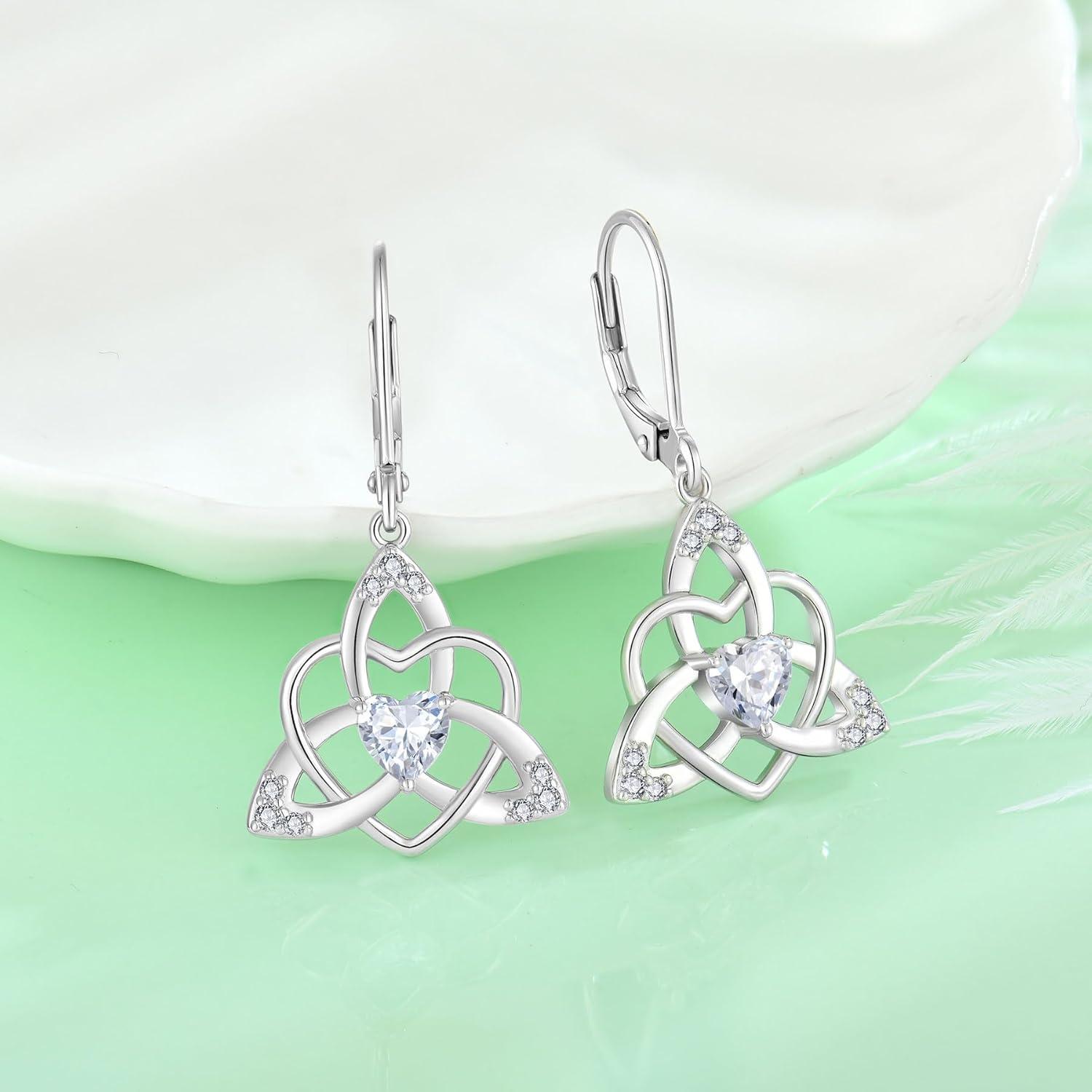 Herz Keltischer Knoten Ohrringe Damen 925 Sterling Silber Zirkonia April Geburtsstein