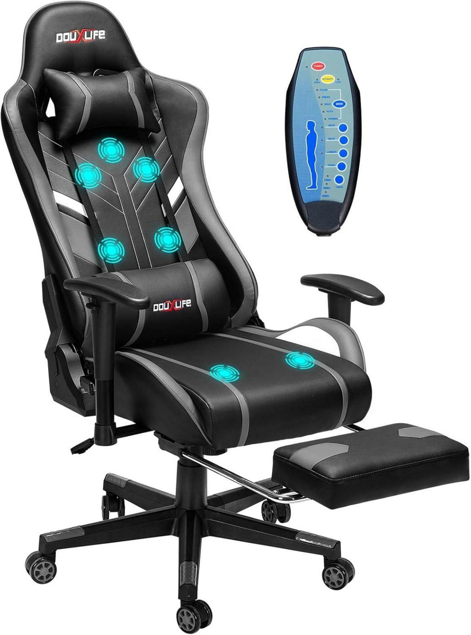 Gaming Stuhl mit 7-Punkt Massage Fußstütze Grau