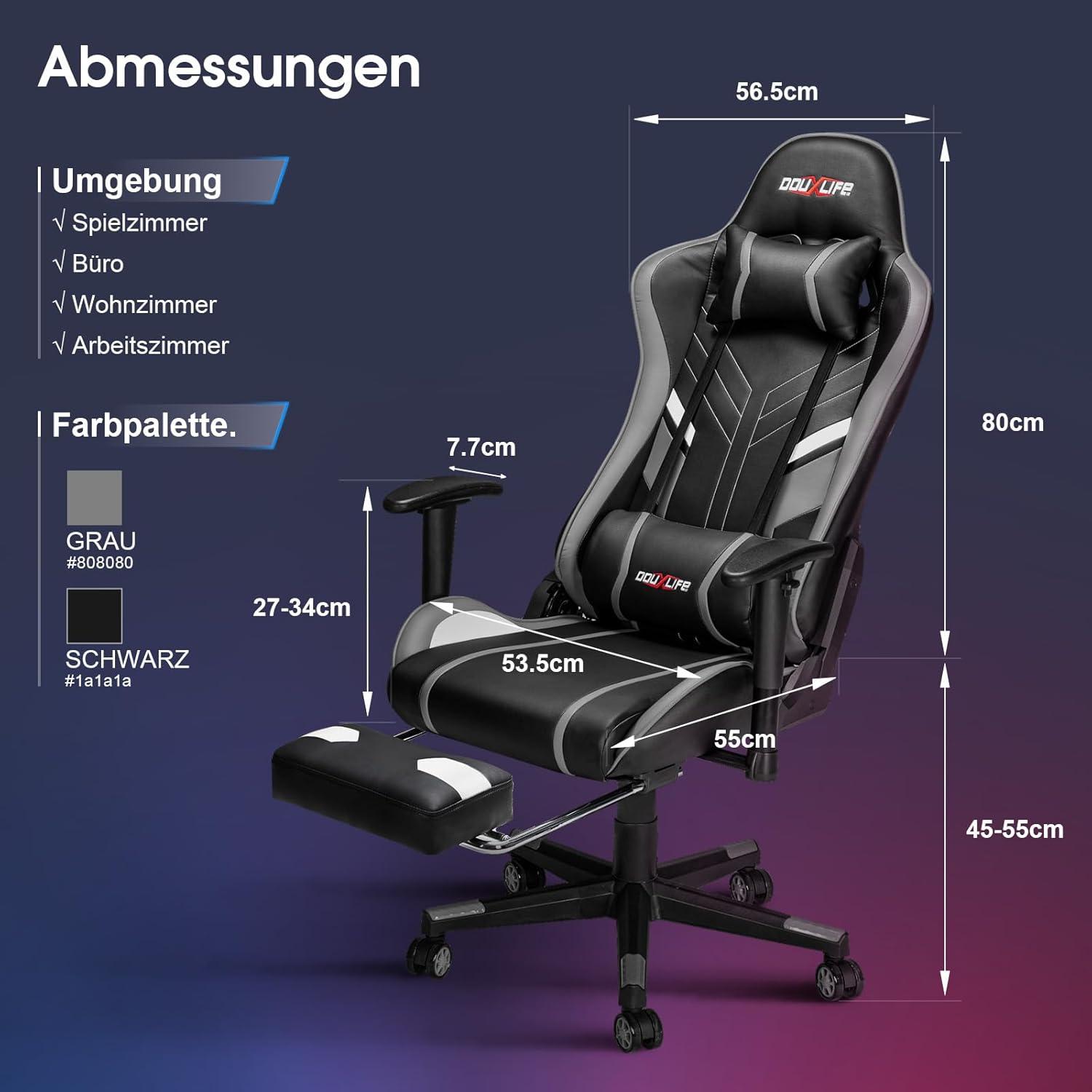 Gaming Stuhl mit 7-Punkt Massage Fußstütze Grau