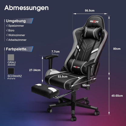Gaming Stuhl mit 7-Punkt Massage Fußstütze Grau