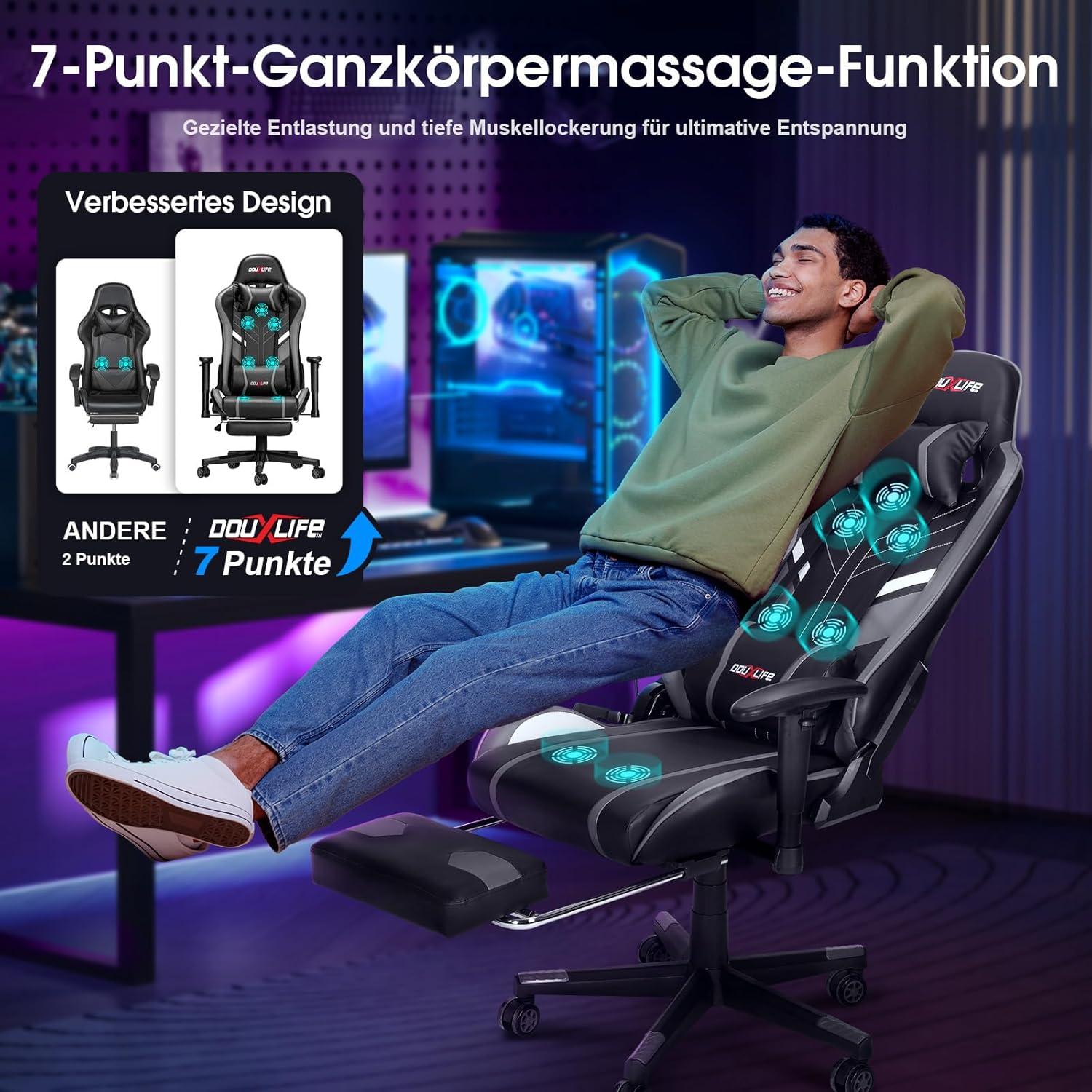 Douxlife Gaming Stuhl mit 7-Punkt Massage Fußstütze 180KG ergonomisch Rückenlehne einstellbar Grau