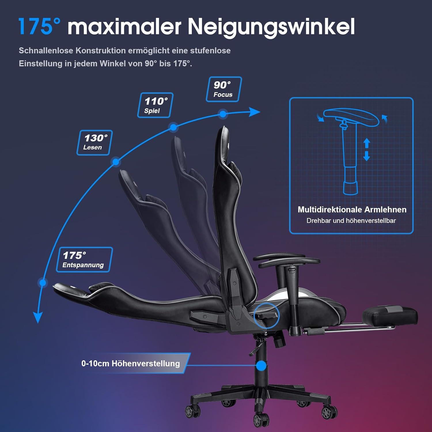Ergonomischer Gaming Stuhl Massage Fußstütze 180KG Grau