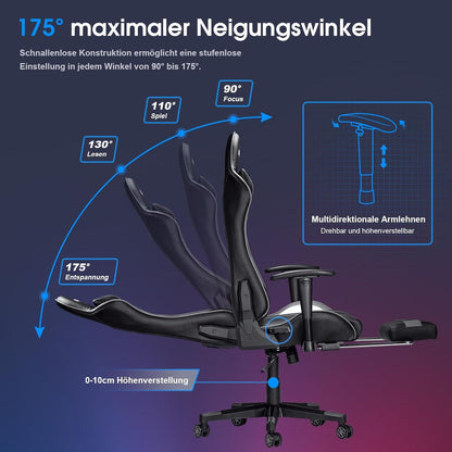 Ergonomischer Gaming Stuhl Massage Fußstütze 180KG Grau