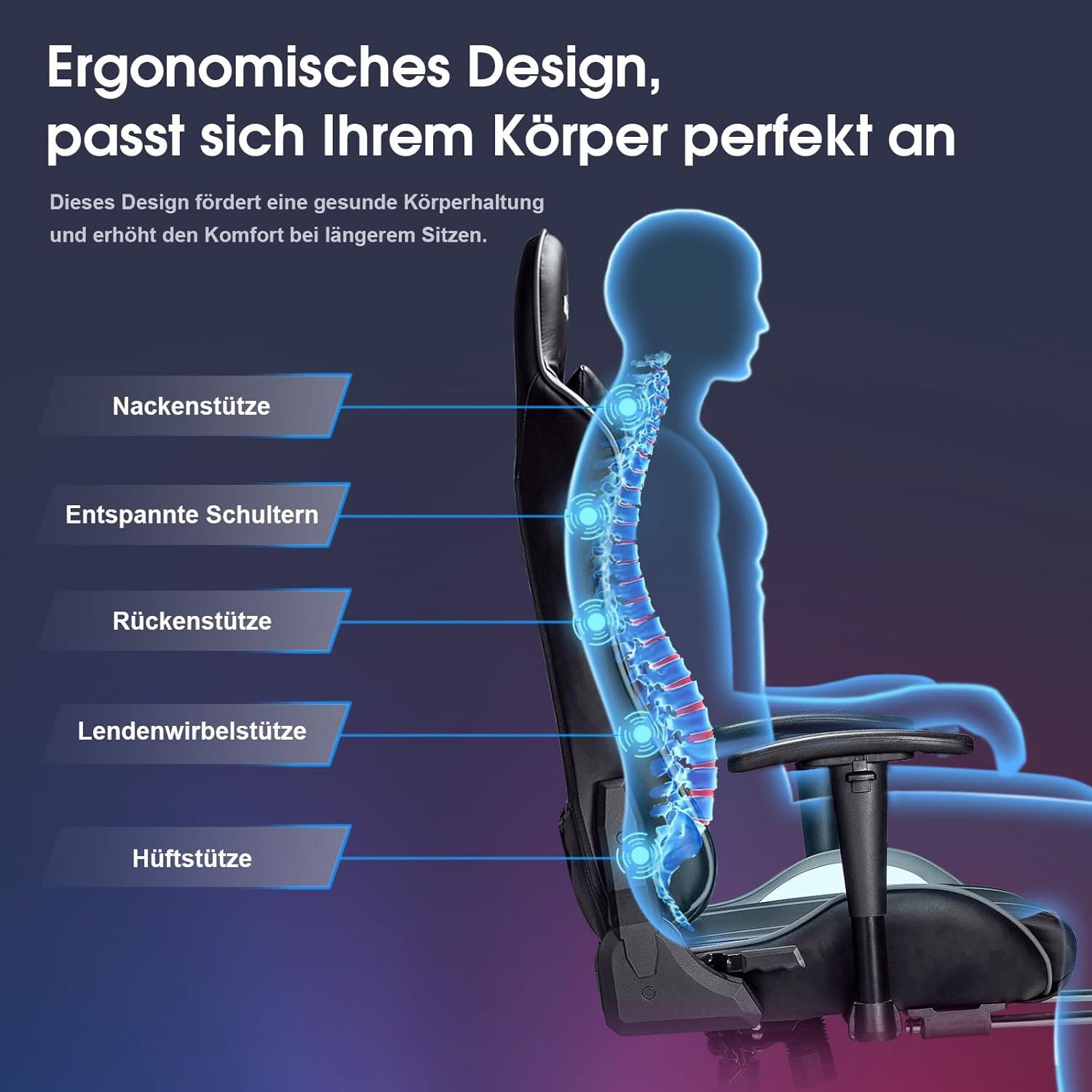 Gaming Stuhl mit 7-Punkt Massage Fußstütze 180KG Bürostuhl Rückenlehne
