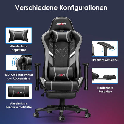 Douxlife Gaming Stuhl mit 7-Punkt Massage Fußstütze 180KG ergonomisch Rückenlehne einstellbar Grau