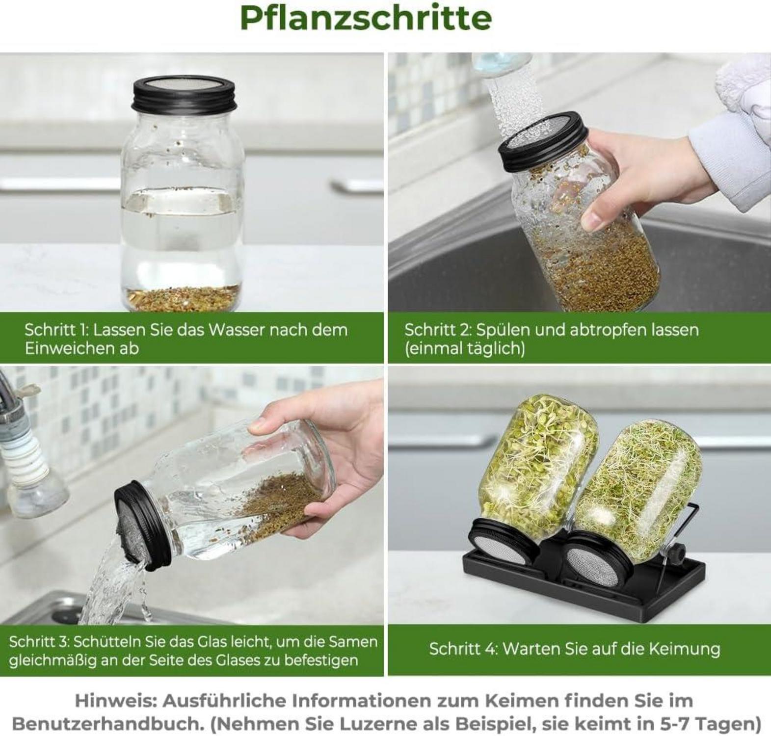 Sprossen Keimglas Set Schwarz 2er Sprouting Jar 750ml - Edelstahl 304