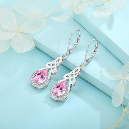 Keltischer Knoten Ohrringe Damen 925 Sterling Silber Geburtsstein Tropfen Rosa