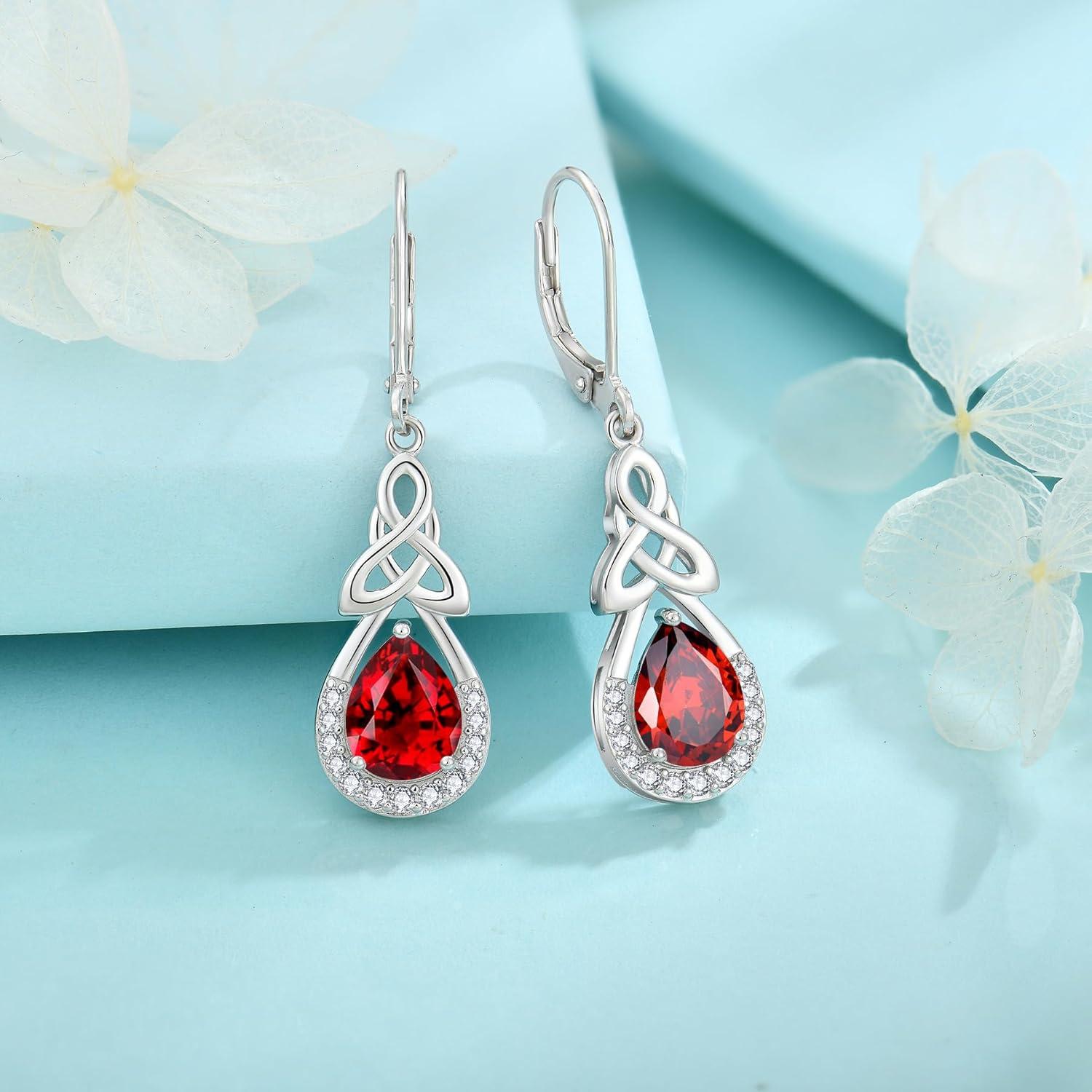 Keltischer Knoten Ohrringe Damen 925 Sterling Silber Granat Geburtsstein