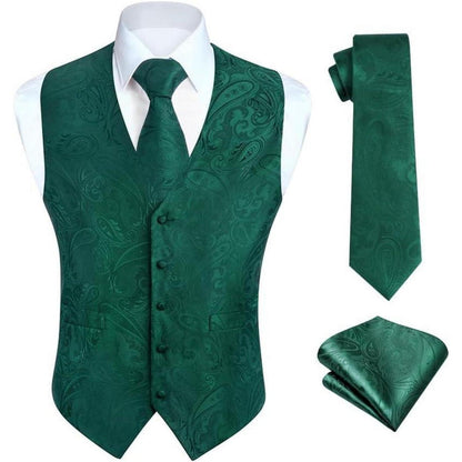 Herren Weste Krawatte Einstecktuch Set Jacquard Seide L Grün