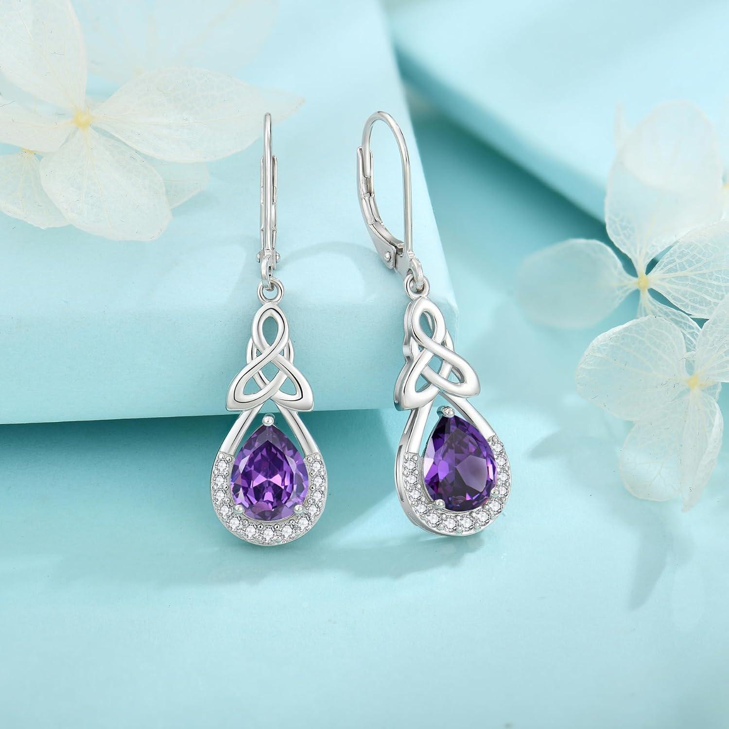 Keltischer Knoten Ohrringe Damen 925 Sterling Silber Amethyst Geburtsstein