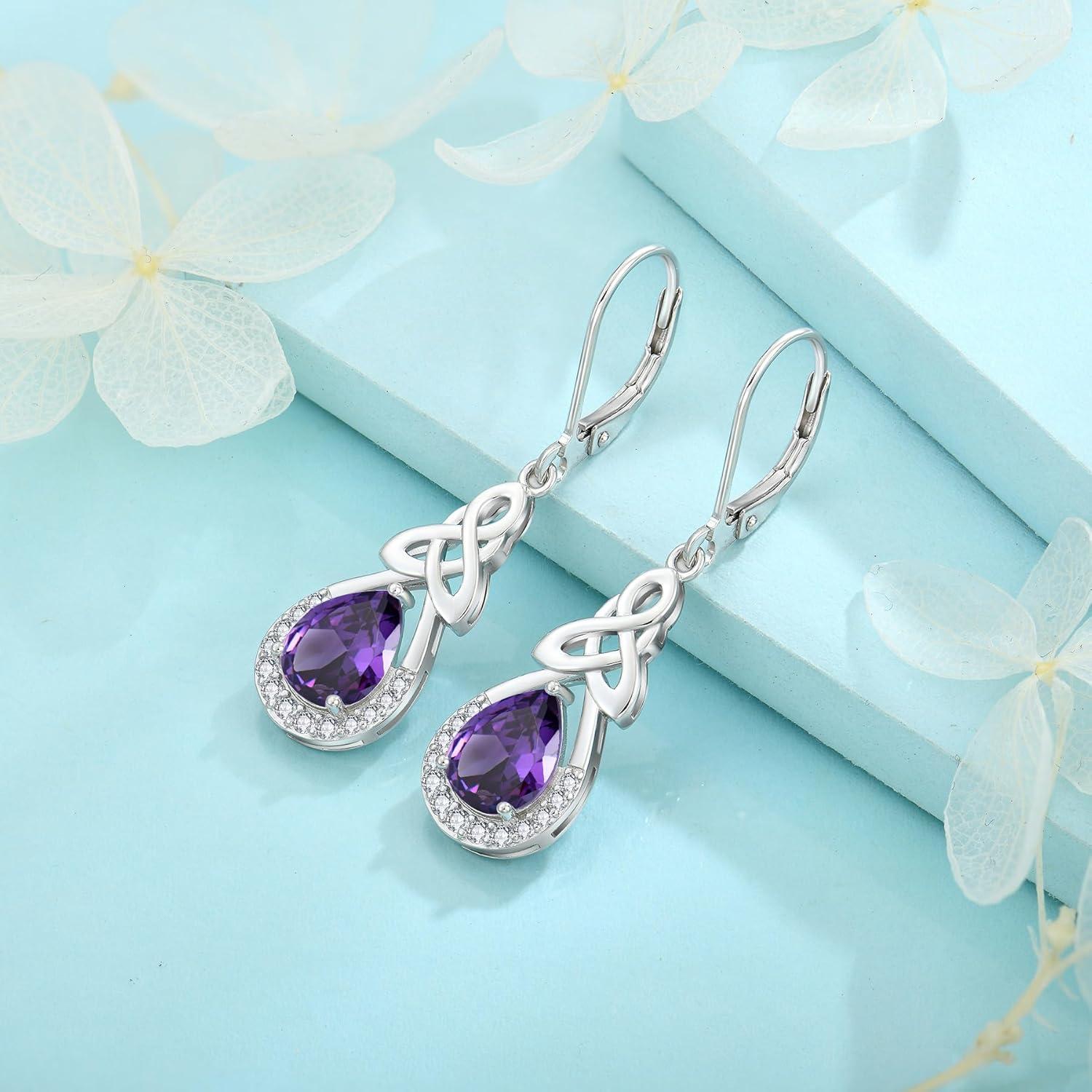 Keltischer Knoten Ohrringe Damen 925 Silber Amethyst Tropfen Hängend