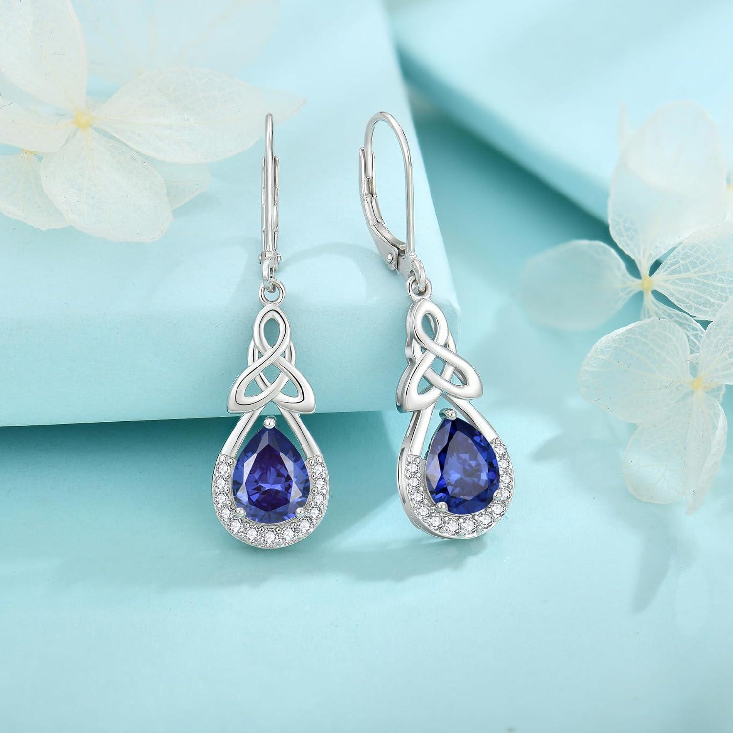 Keltischer Knoten Ohrringe Damen 925 Sterling Silber Unendlichkeit Tropfen Hängend Dezember - Tansanit