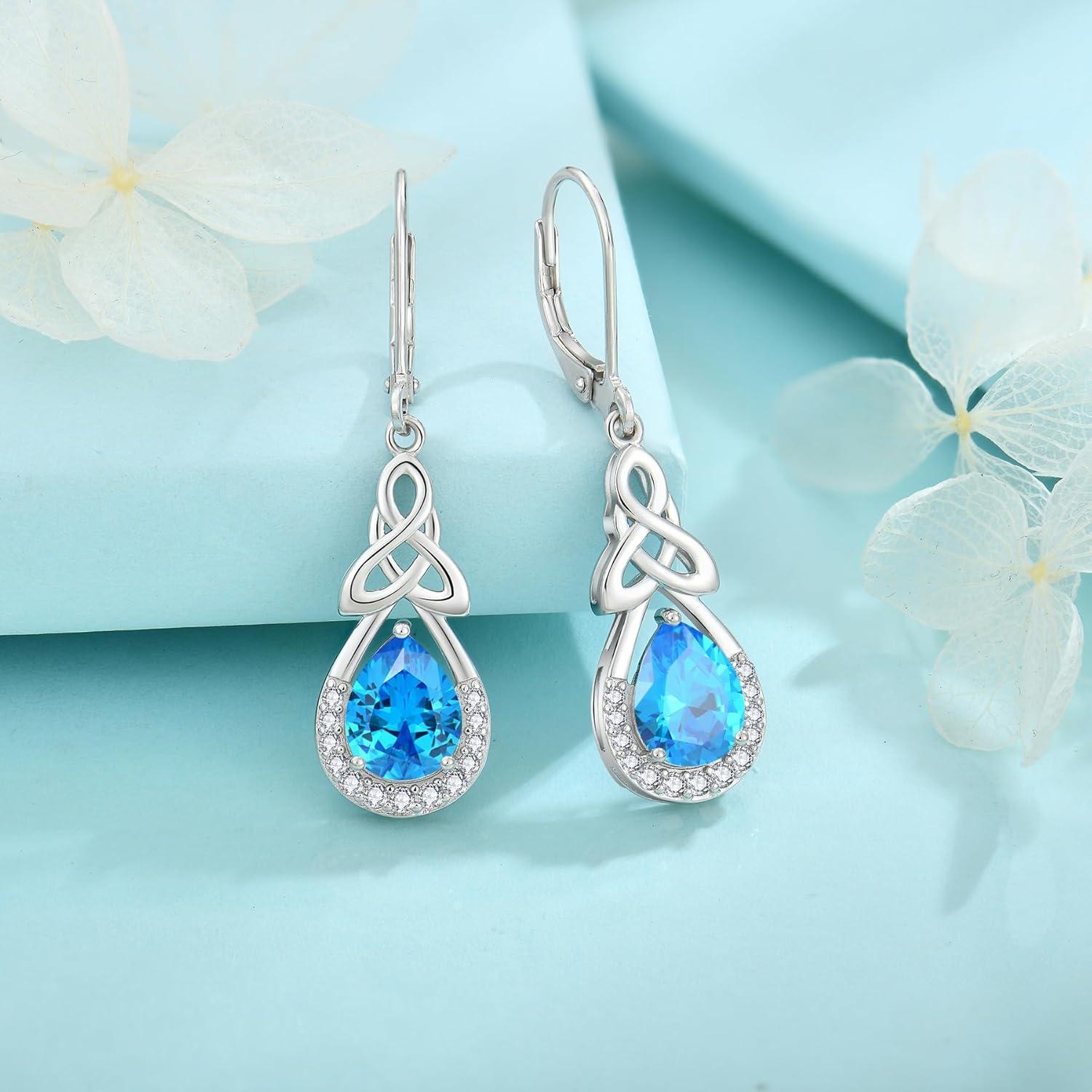 Keltischer Knoten Ohrringe Damen 925 Sterling Silber Unendlichkeit Tropfen Aquamarin