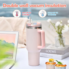 40oz Thermobecher mit Strohhalm und Henkel, Edelstahl, 1180ML, Isoliert, Rosa