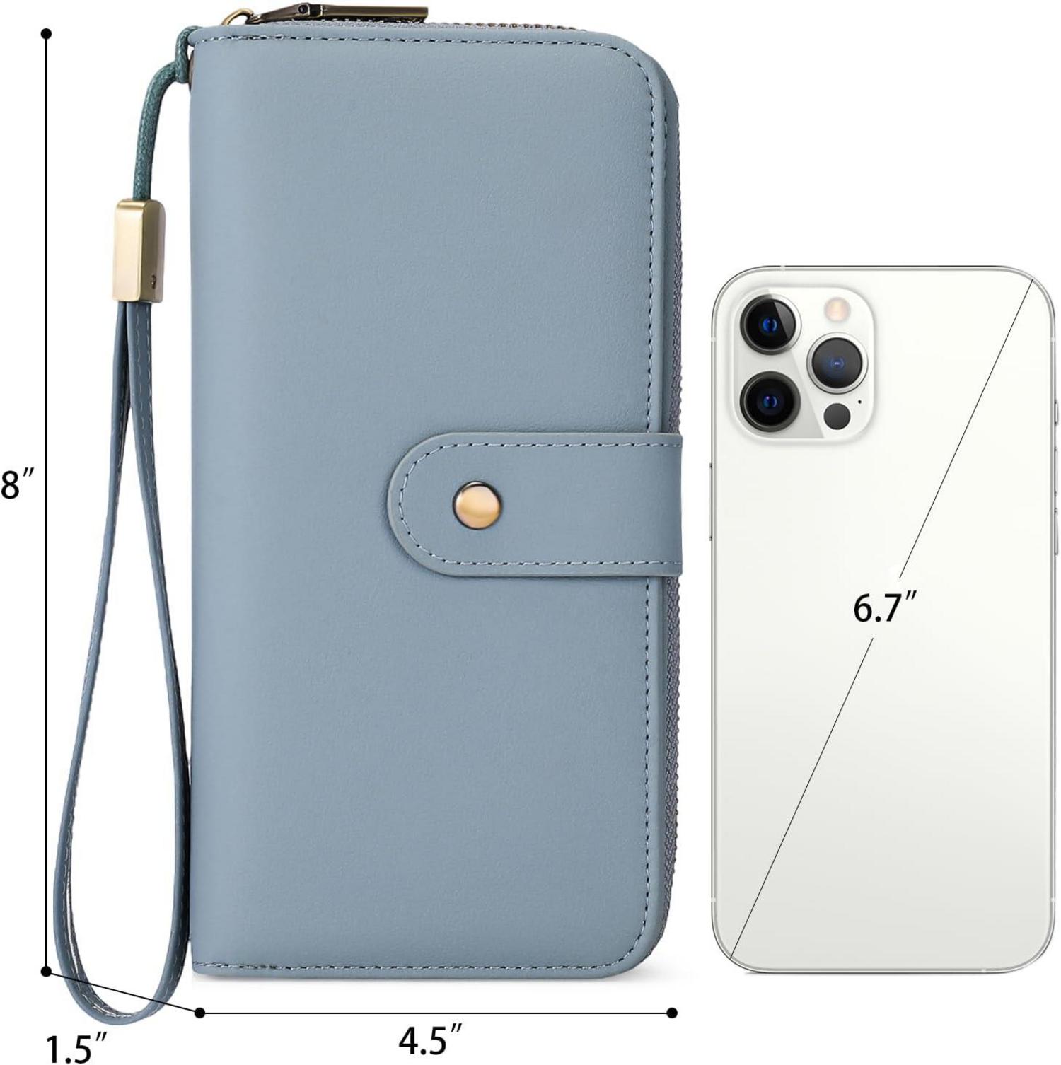 GAEKEAO Damen Geldbörse Groß RFID Schutz 14 Kartenfächer Leder Blau