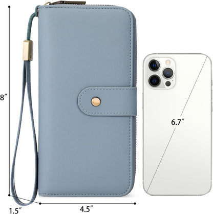 GAEKEAO Damen Geldbörse Groß RFID Schutz 14 Kartenfächer Leder Blau