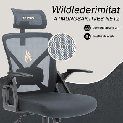 Symino Bürostuhl Ergonomisch, Verstellbar Kopfstütze, Armlehnen, Wippfunktion, Netzstuhl, 150kg, Grau