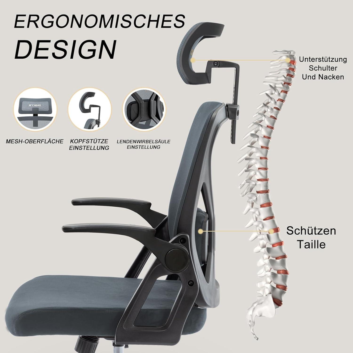 Symino Bürostuhl Ergonomisch mit Kopfstütze, Lordosenstütze, Wippfunktion • Grau