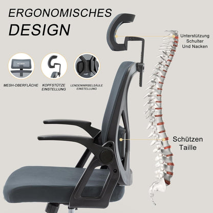 Symino Bürostuhl Ergonomisch mit Kopfstütze, Lordosenstütze, Wippfunktion • Grau
