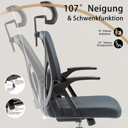 Ergonomischer Bürostuhl mit Wippfunktion, Netzstuhl, Grau, 150kg