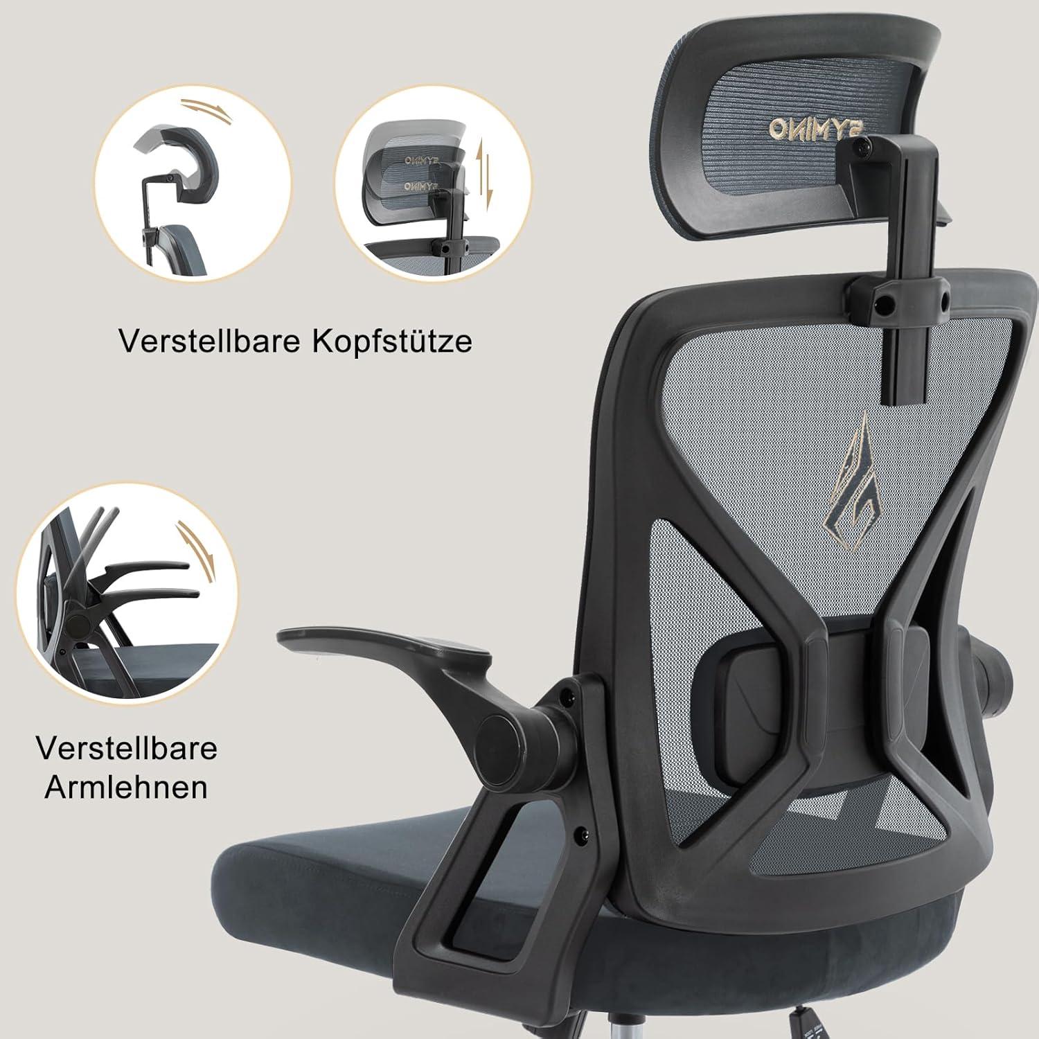 Symino Bürostuhl Ergonomisch mit Kopfstütze, Lordosenstütze, Wippfunktion • Grau