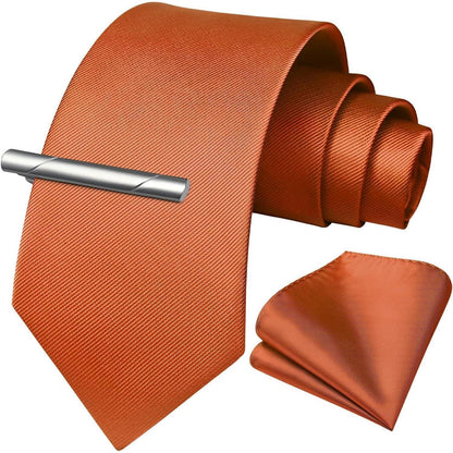 Herren Krawatten-Set mit Einstecktuch und Krawattenklammer, Uni-Farben
