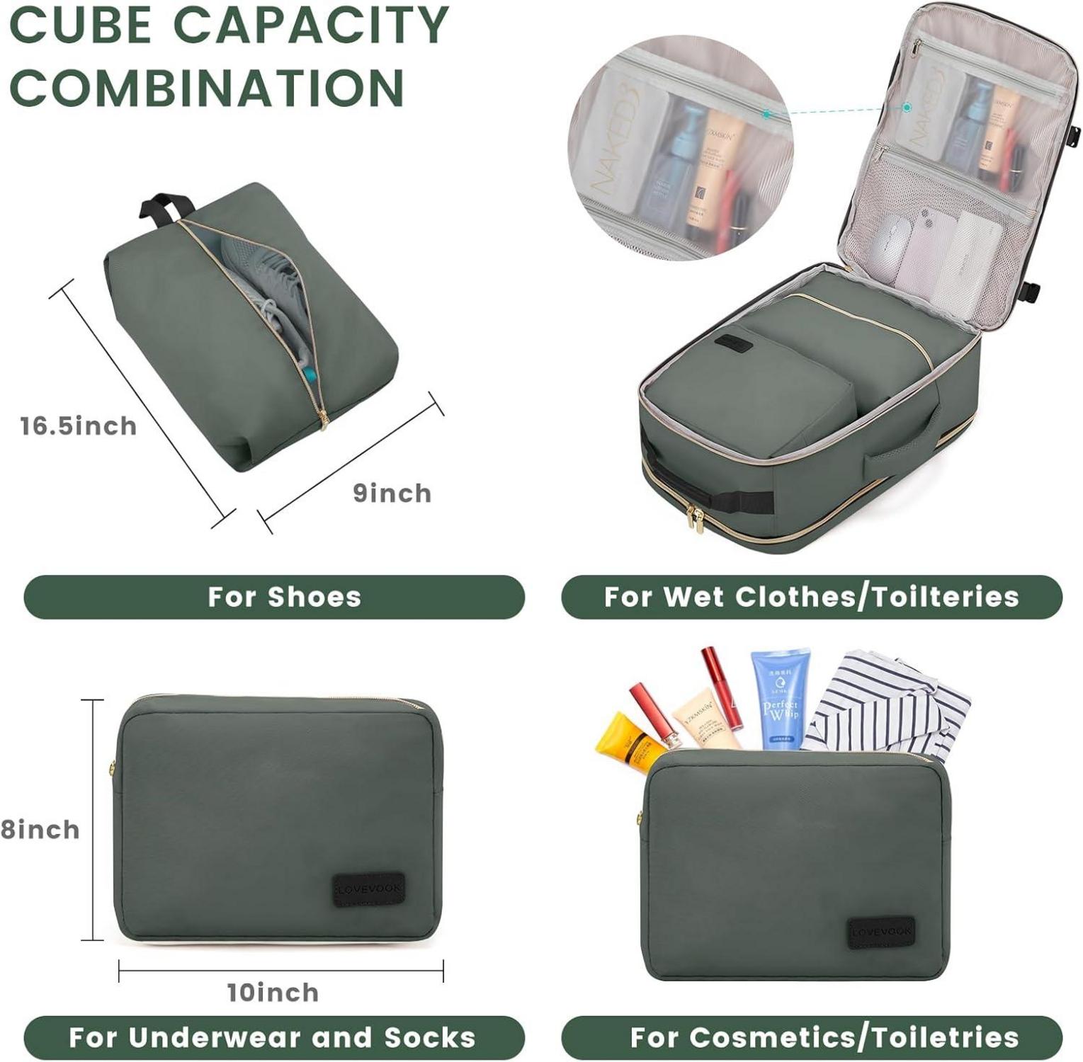 Handgepäck Rucksack Damen 40L Reisetasche 17 Zoll Laptop Wasserfest Grau Grün