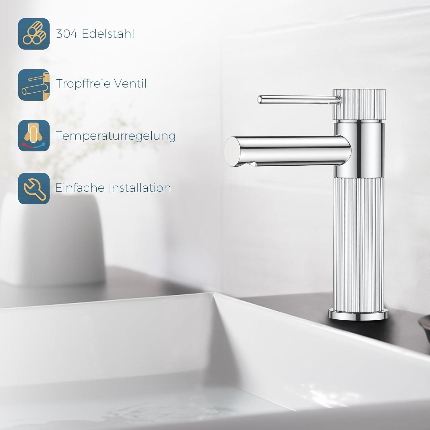 FORIOUS Waschtischarmatur mit Auslaufhöhe 120 mm - Edelstahl Einhebelmischer für Badezimmer - Wassersparende Mischbatterie