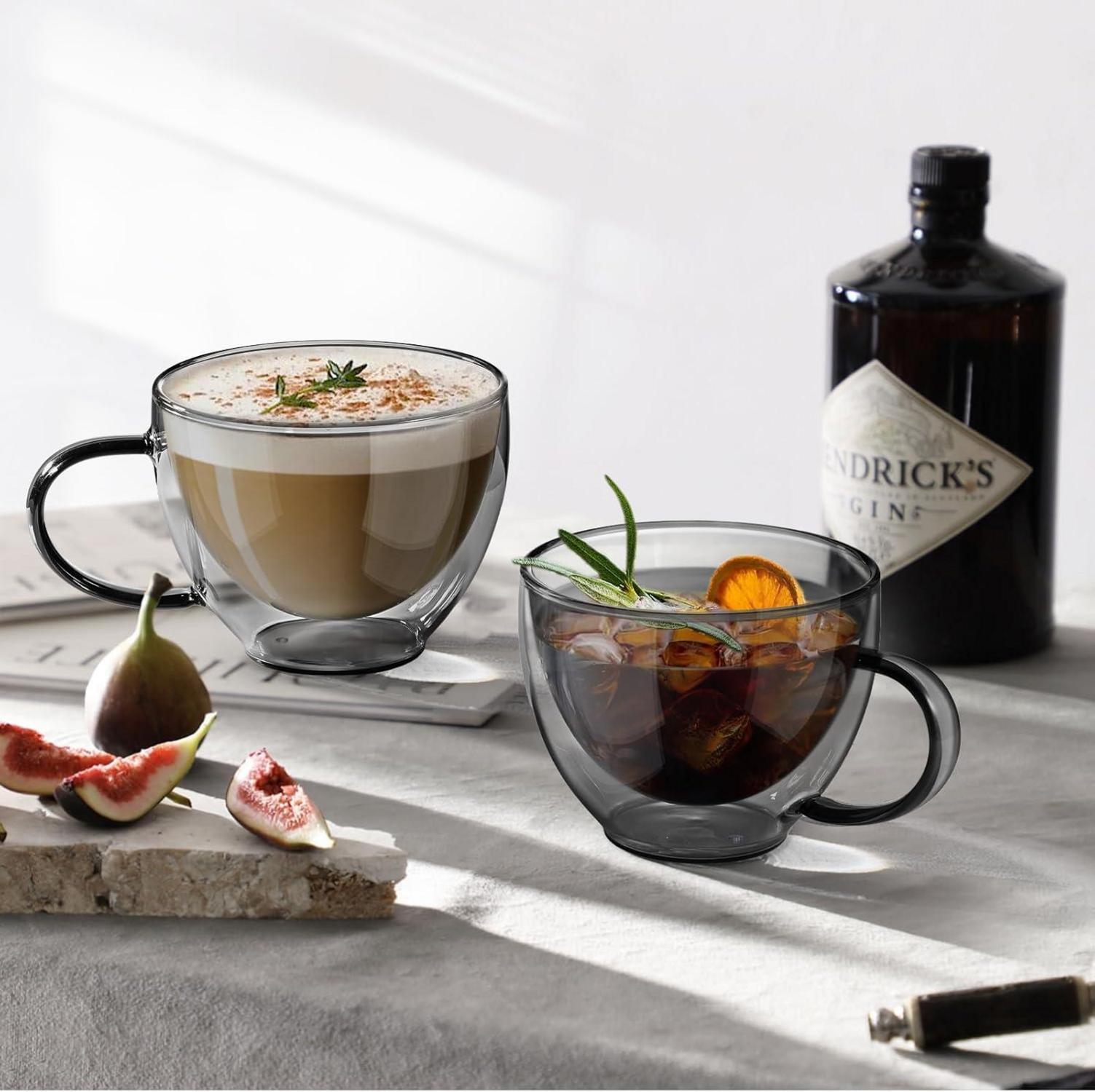 Doppelwandige Kaffeegläser 350ml Set Schwarz Borosilikatglas Henkel 2er