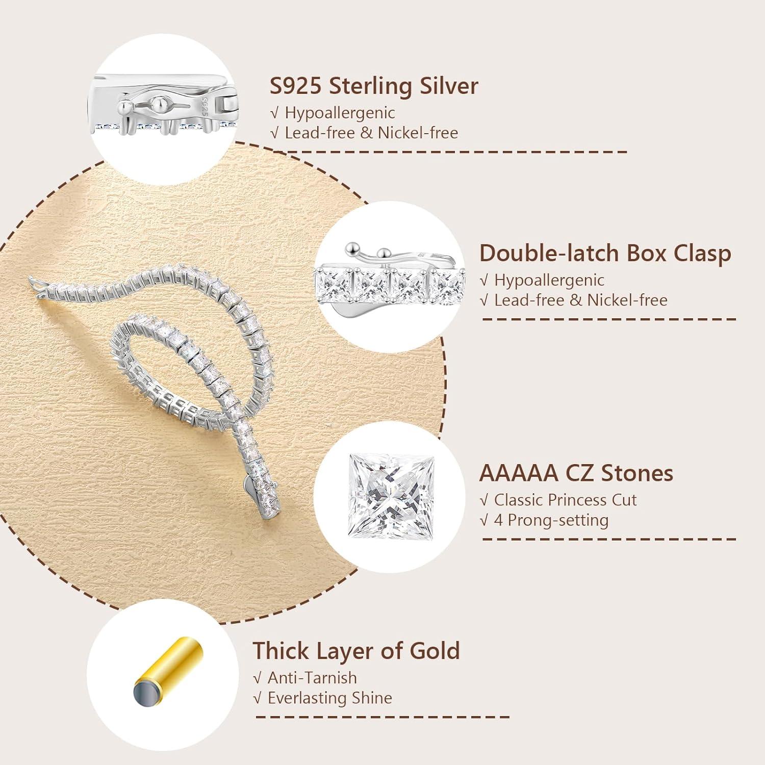 Tennisarmband Silber 925, Damen 3mm Zirkonia Prinzessschliff Weißgold 14K, Iced Out Armband 16.5cm