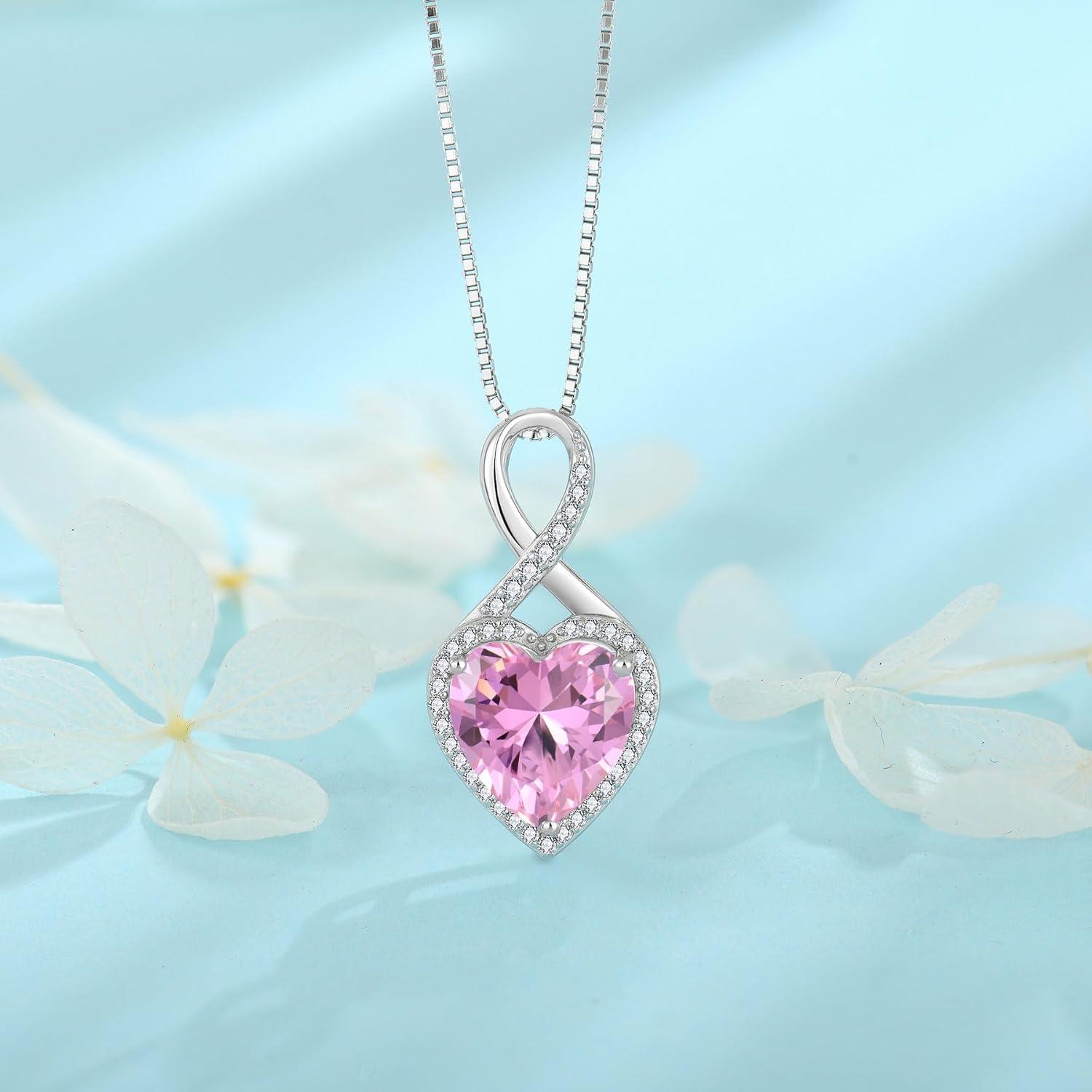 FJ Unendlichkeit Kette Damen 925 Sterling Silber Geburtsstein Halskette Mama - Rosa Turmalin