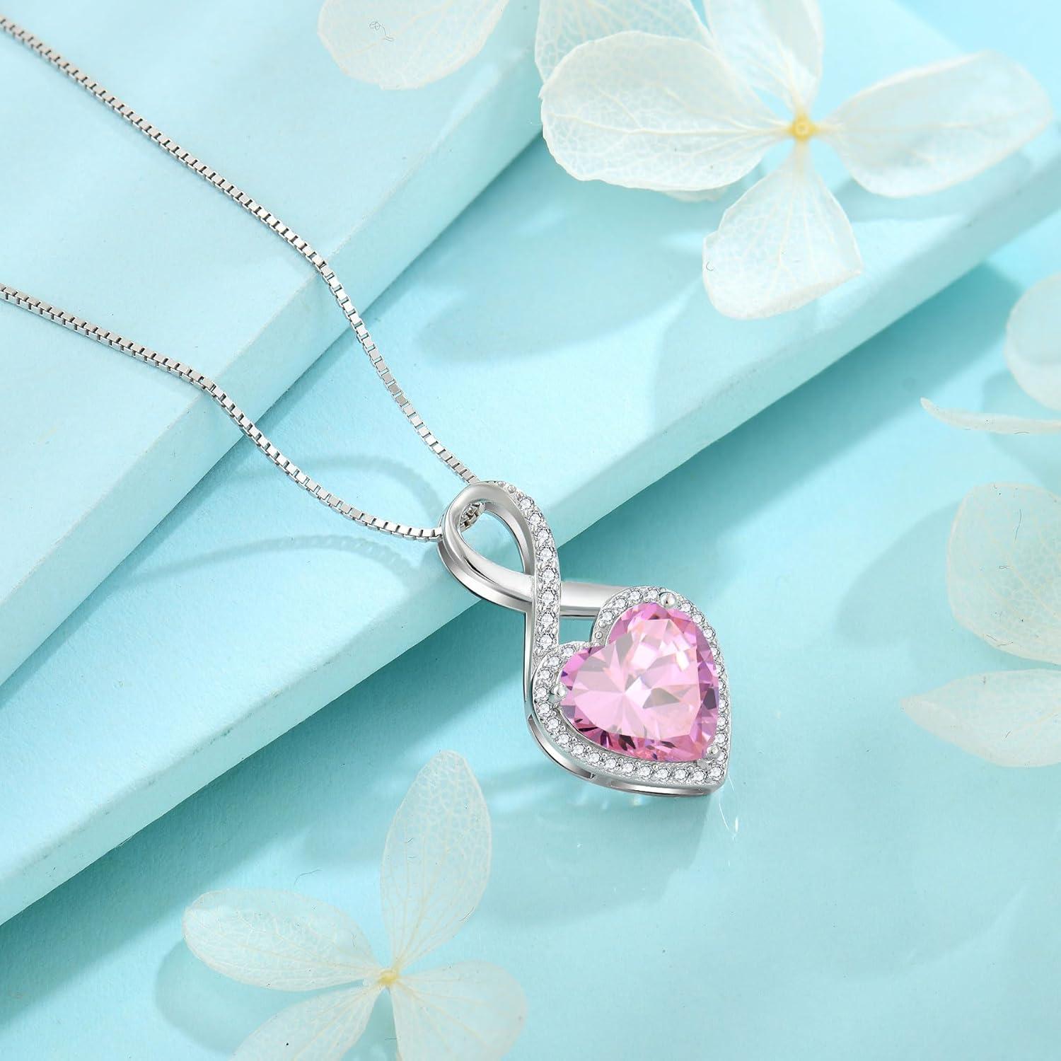 Unendlichkeit Herz Kette 925 Sterling Silber Geburtsstein Rosa Turmalin