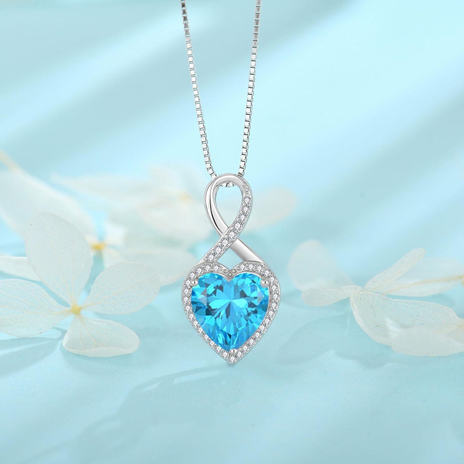 FJ Unendlichkeit Kette Damen 925 Sterling Silber Herz Aquamarin Halskette