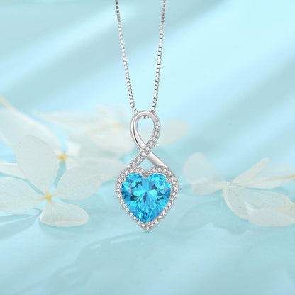 FJ Unendlichkeit Kette Damen 925 Sterling Silber Herz Aquamarin Halskette