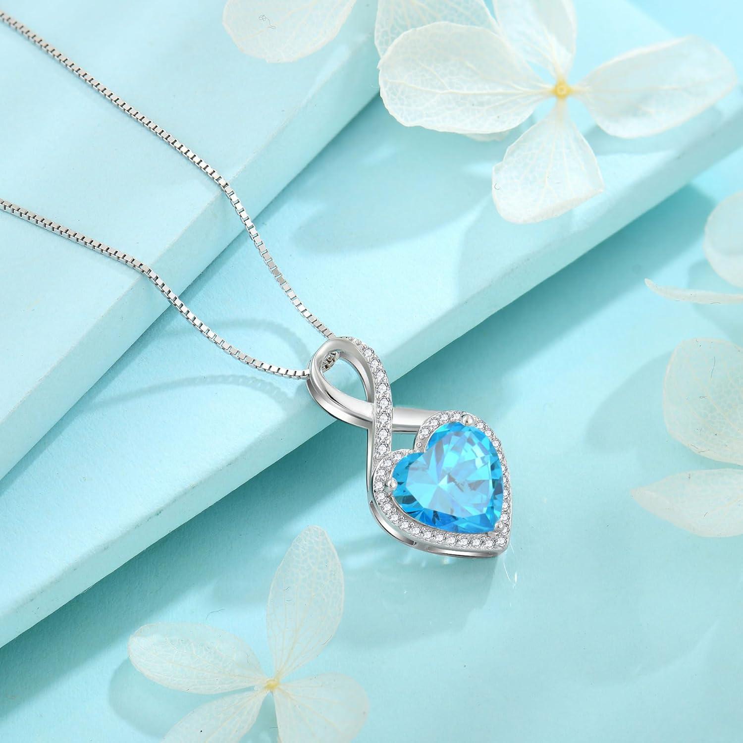 Unendlichkeit Kette Damen 925 Silber Herz Aquamarin Geburtsstein Halskette