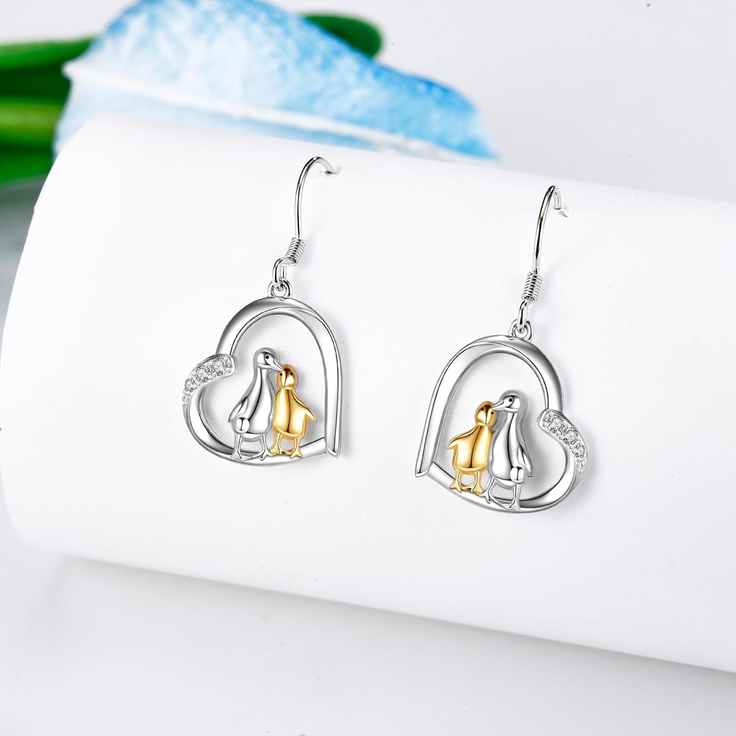 Ente Dinosaurier Sterling Silber Mutter Kind Herz Ohrringe