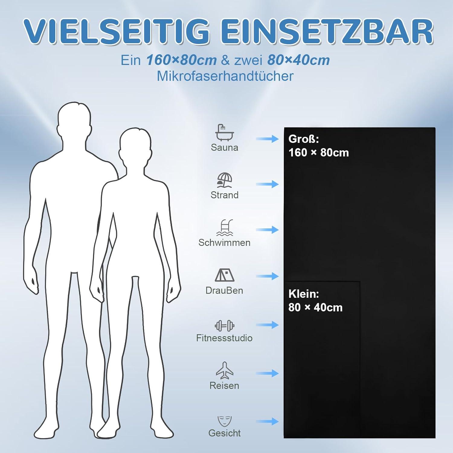 Mikrofaser Handtuch Set 3er Schnelltrocknend 160x80cm & 2x 80x40cm