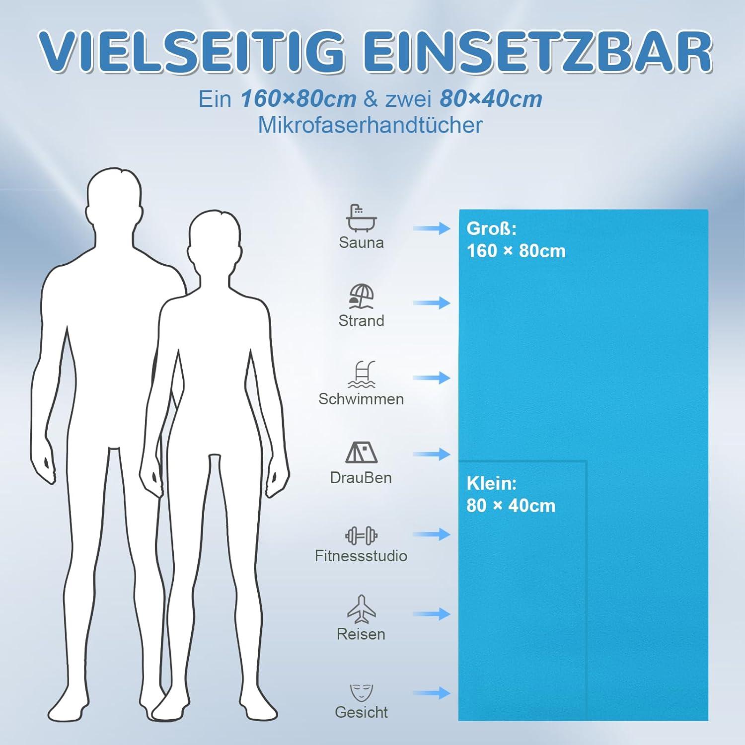 Mikrofaser Fitness Handtuch Set 3-teilig Größe 160x80cm & 2x 80x40cm