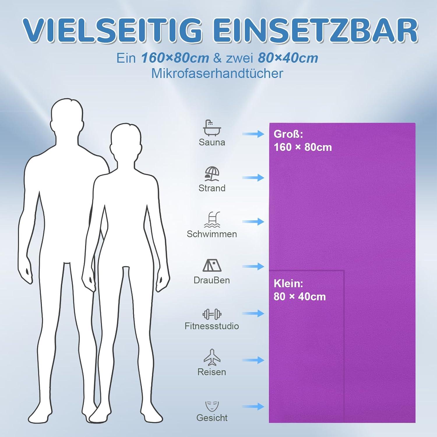 Schnelltrocknendes Mikrofaser Fitness Handtuch 3er Set 160x80cm & 2x 80x40cm
