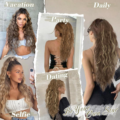 Ponytail Extension 66cm Lang Lockige Wellige Haarverlängerung Asch