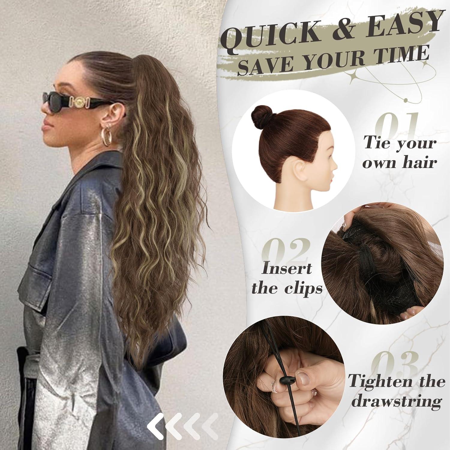 Lockiges Pferdeschwanz Haarteil, 66cm Lang, Braun Blond - Synthetik Ponytail