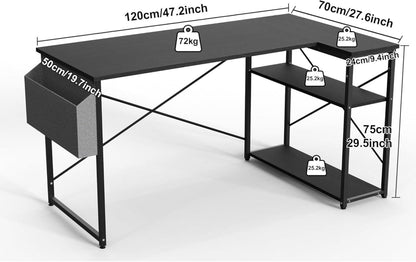L-förmiger Gaming Schreibtisch 120x70 cm mit Ablagefächern Schwarz