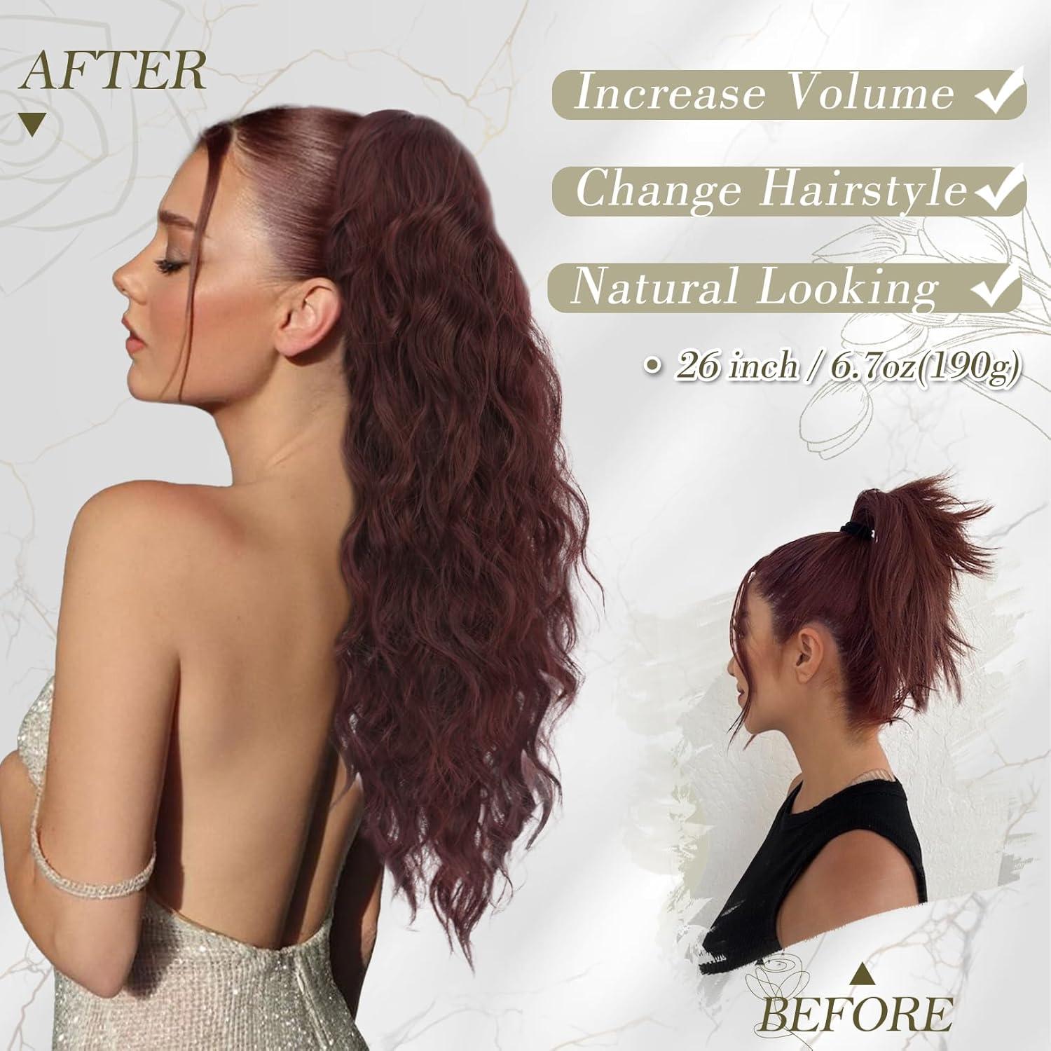 BARSDAR Ponytail Extension Lockige Wellige Pferdeschwanz Haarverlängerung 66cm - Dunkelburgund