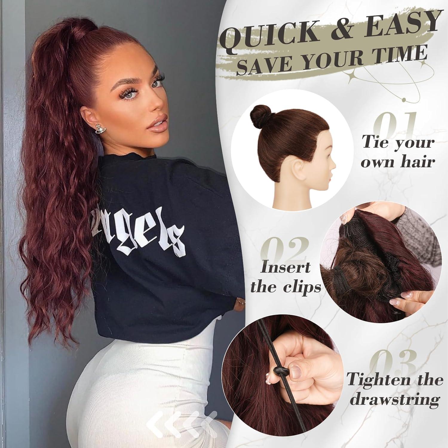 Lockige 66cm Ponytail Extension mit Kordelzug, Dark Burgundy